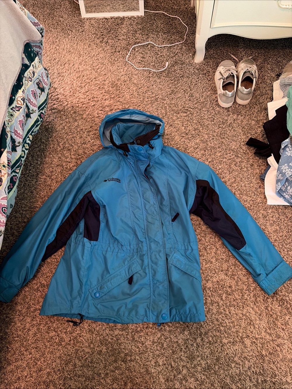 Columbia Kids Blue Hooded Rain Jacket with Navy Panels
